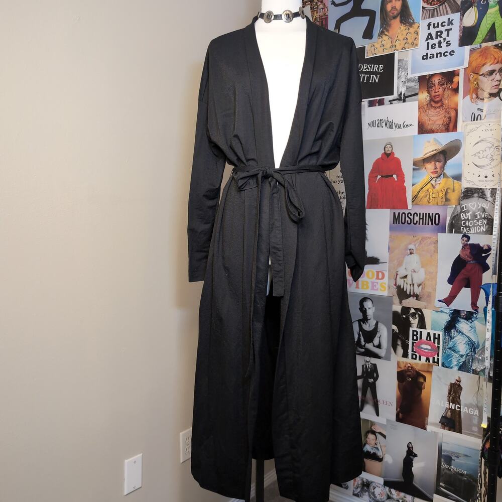 Solid Black Longline Cardigan with Tie Waist Gothic